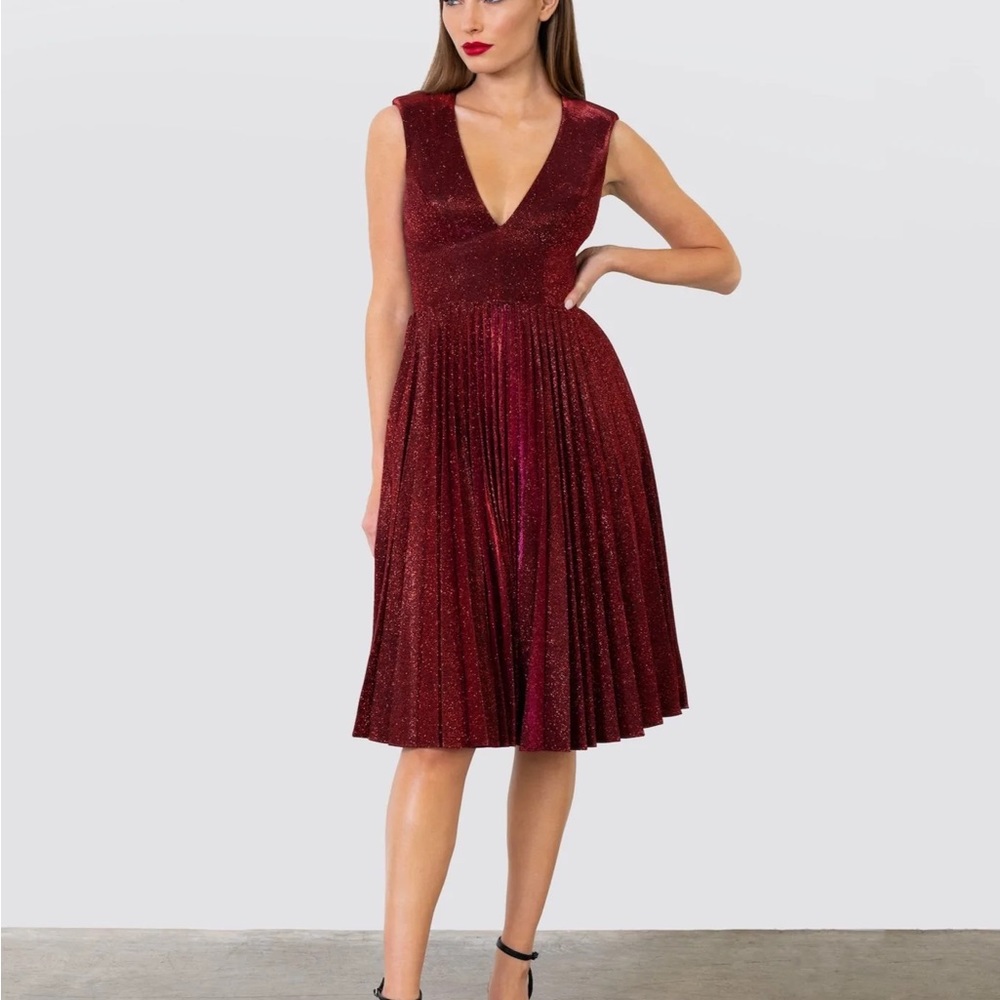 Helsi Corina Red Metallic Pleated Midi Dress Large L